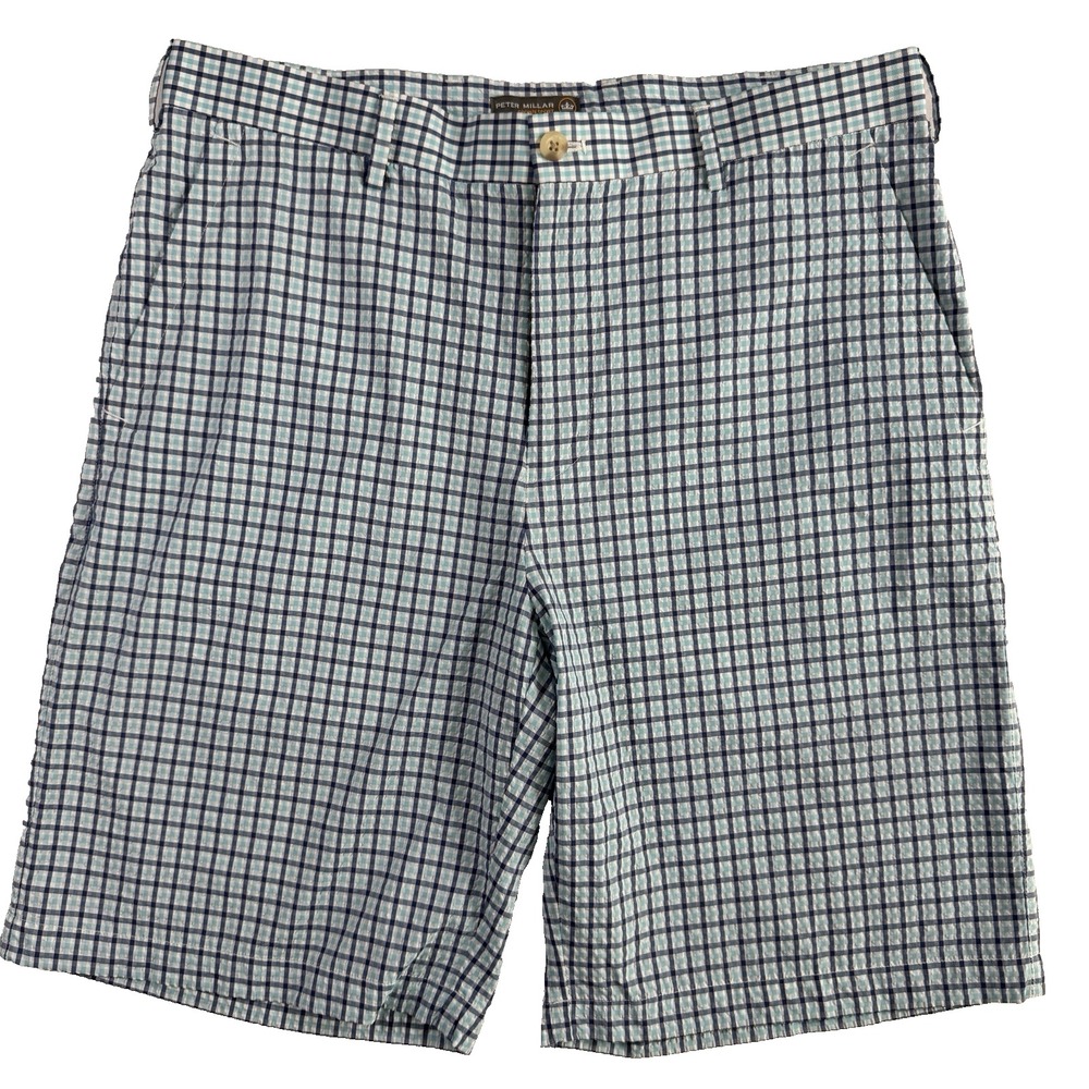 Peter Millar APEX Performance Golf Shorts Mens 34 Blue Check Seersucker